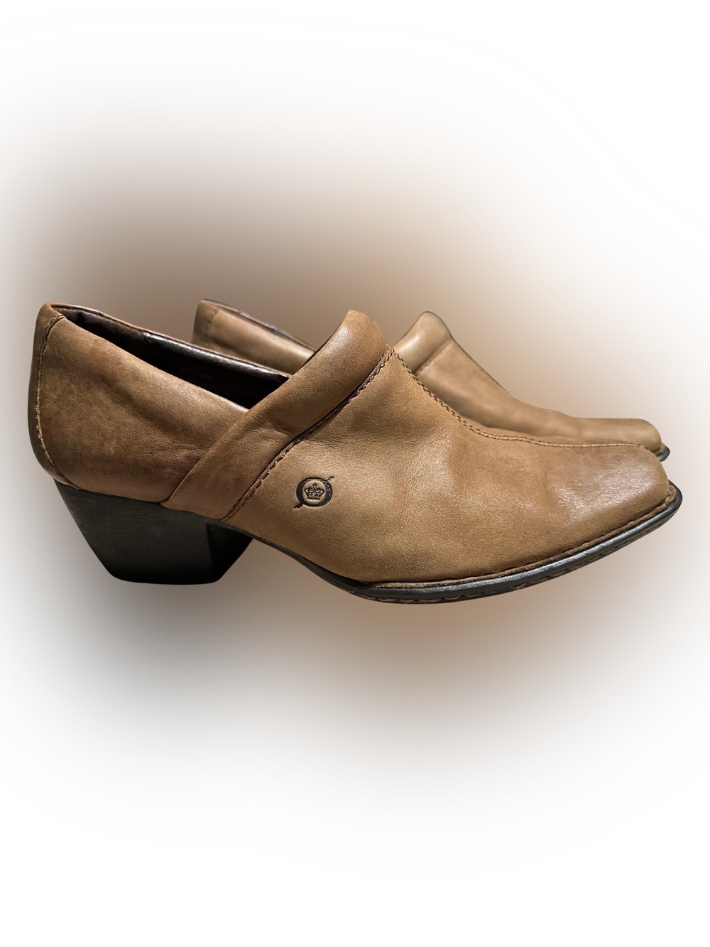 Born Leather Slip On Clog Shootie Tan Brown Womens 8.5 Stacked Heel